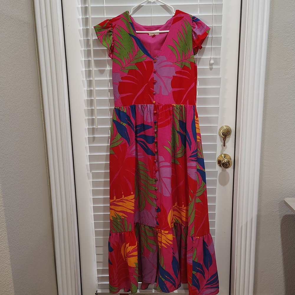 Pink Tropical Leaf Maxi Dress Womens 16 XL Button Front Flutter Sleeve Vacation